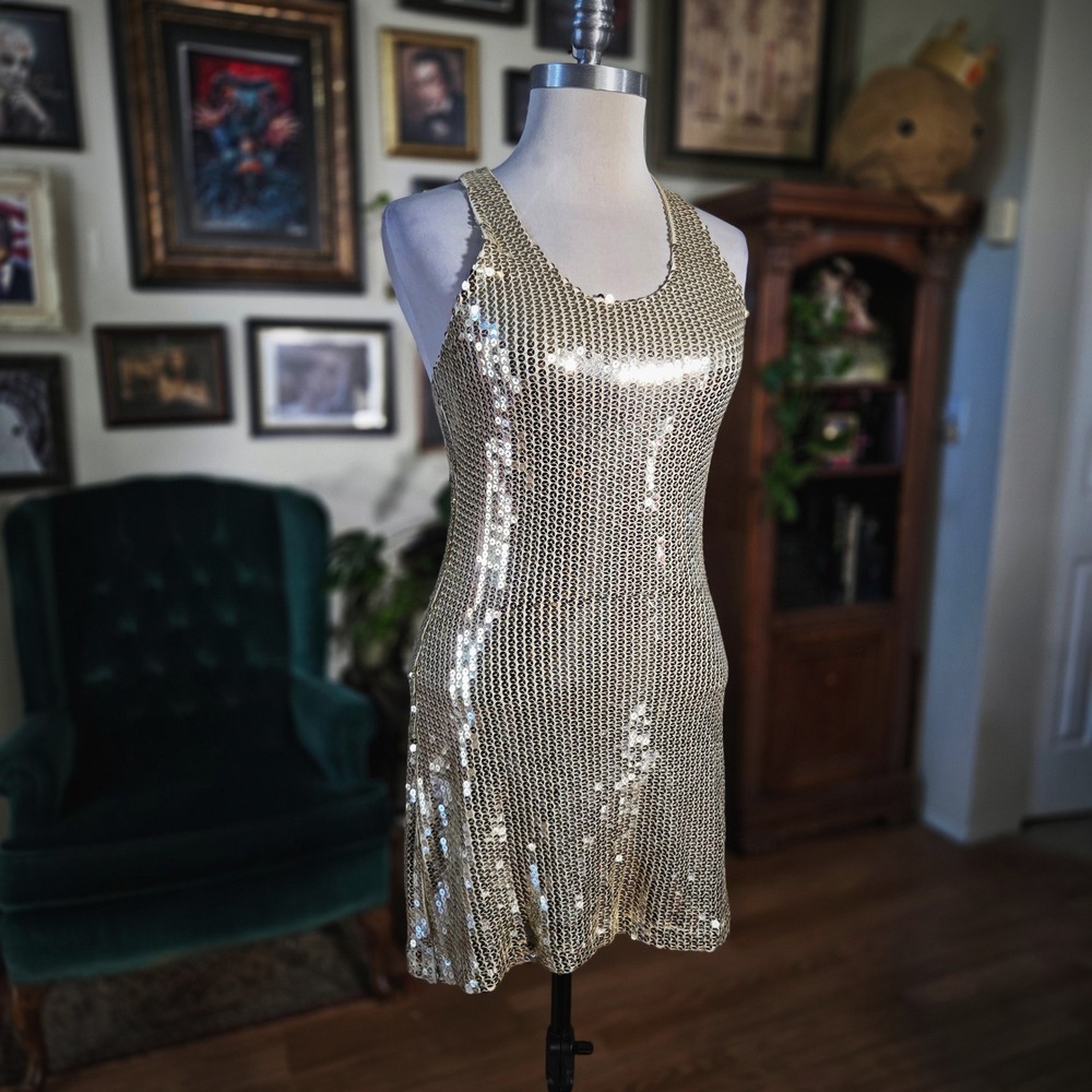 LVLX Gold Sequin Mini Dress Racerback Sleeveless Bodycon Party Night